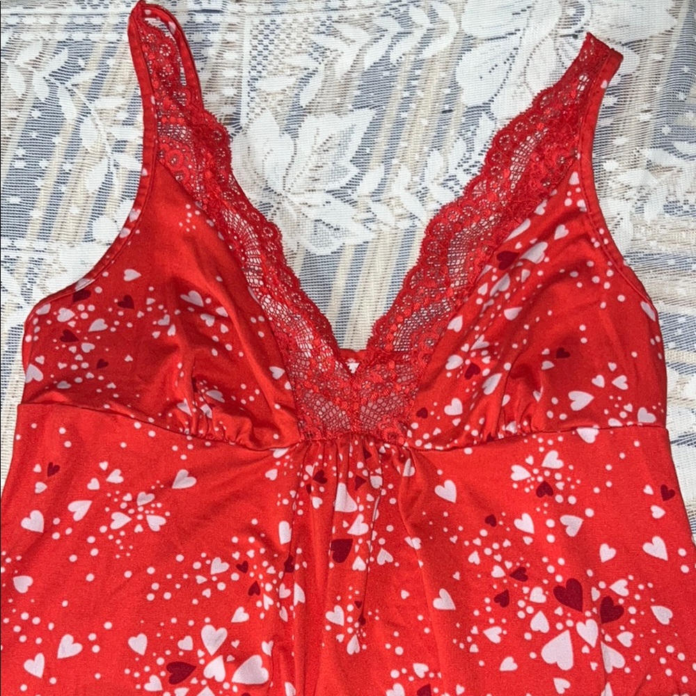 Red Floral Valentines Day Style Chemise Night Gown with Lace Trim